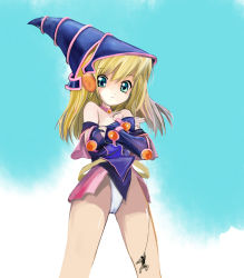 Rule 34 | 1girl, bad id, bad pixiv id, bare shoulders, blonde hair, blue eyes, bowwow, collar, crossed arms, dark magician girl, duel monster, giant, giantess, hat, highres, inuyama, panties, solo, underwear, white panties, witch hat, wizard hat, yu-gi-oh!, yu-gi-oh! duel monsters