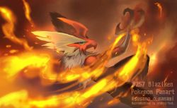 Rule 34 | blaziken, blue eyes, blurry, character name, claws, closed mouth, colored sclera, commentary request, copyright name, creatures (company), fire, frown, game freak, gen 3 pokemon, looking at viewer, nanami lusia, nintendo, pokemon, pokemon (creature), solo, yellow sclera