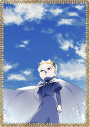 Rule 34 | 1boy, black eyes, blonde hair, clenched hand, cloak, closed mouth, cloud, commentary request, crown, daida, day, from below, grey cloak, long sleeves, male focus, nikomi (nikomix), ousama ranking, outdoors, pointy nose, puffy sleeves, robe, short hair, sky, smile, solo