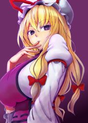 Rule 34 | 1girl, armlet, blonde hair, bow, breasts, commentary request, eyelashes, fingers to mouth, from below, hair bow, hair ribbon, hat, hat ribbon, large breasts, long hair, looking at viewer, mob cap, purple background, purple eyes, red bow, ribbon, robe, simple background, solo, tabard, tomiokasena, touhou, tress ribbon, upper body, very long hair, white robe, yakumo yukari