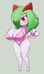 Rule 34 | 1girl, adjusting clothes, adjusting swimsuit, bare legs, bikini, blush, breasts, closed mouth, collarbone, creatures (company), frontal wedgie, full body, game freak, gen 3 pokemon, green background, green hair, highres, kirlia, large breasts, masked agent, navel, nintendo, pink bikini, pokemon, pokemon (creature), red eyes, shiny skin, short hair, shortstack, simple background, solo, standing, swimsuit, wedgie
