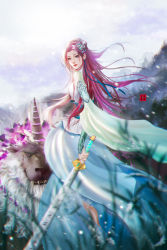 Rule 34 | 1girl, absurdres, doupo cangqiong, dress, from behind, grass, green dress, hair ornament, highres, horns, long hair, long sleeves, looking back, mane, multicolored hair, single horn, smile, snow, solo, sword, weapon, yun yun (doupo cangqiong), yun yun guan bo