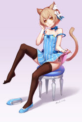 Rule 34 | 10s, 1boy, 2016, animal ears, artist name, bare shoulders, black panties, black thighhighs, blue bow, blue dress, blue footwear, blue ribbon, bow, brown hair, cat boy, cat ears, cat tail, choker, closed mouth, clothes lift, collarbone, crossdressing, dated, dress, dress lift, eyebrows, eyelashes, feet, felix argyle, flashing, flats, full body, fur, gradient background, hair bow, hand on own head, highres, knee up, lifted by self, looking at viewer, male focus, mool yueguang, panties, plantar flexion, re:zero kara hajimeru isekai seikatsu, ribbon, shadow, shoes, unworn shoes, short dress, short eyebrows, short hair, side-tie panties, side-tie peek, single shoe, sitting, sleeveless, sleeveless dress, smile, solo, stool, strap slip, tail, thighhighs, toe-point, trap, underwear, white background, white bow, wristband, yellow eyes