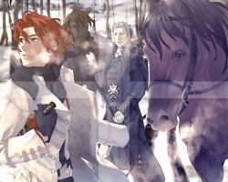 Rule 34 | 00s, 2009, 2boys, alcohol, bad id, bad pixiv id, bottle, culgan (suikoden), gensou suikoden, gensou suikoden ii, horse, kaburaya, long coat, male focus, multiple boys, red hair, seed (suikoden), silver hair, wine