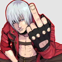 Rule 34 | 1boy, abs, bad id, bad pixiv id, belt bra, blue eyes, capcom, dante (devil may cry), devil may cry (series), devil may cry 3, fingerless gloves, gloves, jacket, kamachi, male focus, middle finger, open clothes, open jacket, red jacket, topless male, short hair, solo, white hair