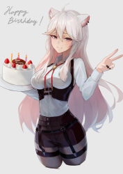 Rule 34 | 1girl, absurdres, ahoge, animal ear fluff, animal ears, birthday cake, black nails, black shorts, breasts, brown eyes, cake, closed mouth, collared shirt, cropped legs, dress shirt, earrings, fang, fang out, food, grey background, grey pantyhose, hair between eyes, hakusyokuto, happy birthday, highres, holding, holding plate, hololive, jewelry, lion ears, long hair, long sleeves, looking at viewer, medium breasts, nail polish, pantyhose, pantyhose under shorts, plate, shirt, shishiro botan, shishiro botan (button-down), short shorts, shorts, silver hair, smile, solo, standing, very long hair, virtual youtuber, white shirt, wing collar