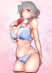 Rule 34 | 1girl, :/, arm behind back, blue bra, blue eyes, blue hair, blue panties, blush, bow, box, bra, breasts, closed mouth, collarbone, cropped legs, from side, gift, gift box, hidamari sketch, highres, holding, holding gift, kagami uekusa, lace, lace-trimmed bra, lace trim, large breasts, looking at viewer, navel, nori (hidamari sketch), panties, pink background, pink bow, pink ribbon, ribbon, short hair, sketch, solo, sweatdrop, twintails, underwear, underwear only, valentine