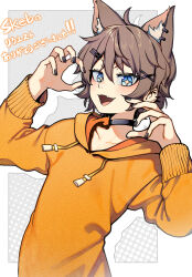 Rule 34 | 1boy, ahoge, animal ear fluff, animal ears, arms up, black nails, blue eyes, blush, brown hair, character request, choker, collarbone, commission, copyright request, drawstring, ear piercing, fang, hair between eyes, highres, light blush, long sleeves, looking at viewer, male focus, nail polish, open mouth, paw pose, piercing, short hair, simple background, skeb commission, skin fang, solo, st (youx1119), sweater, symbol-shaped pupils, tongue, translation request, upper body