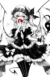 Rule 34 | 1girl, absurdres, alternate costume, apple, artist name, bad id, bad pixiv id, bare shoulders, black nails, black thighhighs, bow, cowboy shot, dress, flandre scarlet, food, frills, fruit, greyscale, hair between eyes, hat, hat bow, heart, highres, holding, holding food, holding fruit, laevatein, limited palette, mob cap, monochrome, nail polish, necktie, petticoat, red eyes, sheya, short hair, side ponytail, signature, simple background, solo, spot color, thighhighs, thighs, touhou, white background, wings, wrist cuffs, zettai ryouiki