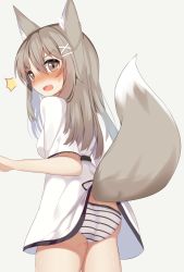 Rule 34 | &gt;:o, 1girl, animal ears, ass, belt, blush, brown eyes, brown hair, clothes lift, commentary request, dress, dress lift, embarrassed, fox ears, fox tail, highres, lifted by tail, long hair, looking back, open mouth, original, panties, ryu narb, short dress, short sleeves, simple background, solo, striped clothes, striped panties, sweat, tail, underwear, v-shaped eyebrows, white dress