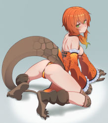 Rule 34 | 1girl, aguila, all fours, alternate costume, animal hands, ass, bikini, blush, breasts, chinese clothes, detached sleeves, dress, gloves, gradient hair, green eyes, green hair, grey background, hair between eyes, hexagon, highres, himokawa udon, looking at viewer, low twintails, medium breasts, multicolored hair, orange bikini, orange dress, orange hair, paw gloves, paw shoes, simple background, solo, swimsuit, tail, twintails, ultra kaijuu gijinka keikaku, ultra series