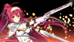 Rule 34 | 1girl, blush, breasts, cape, cleavage, female focus, game cg, gloves, hair ribbon, headband, juukishi cutie bullet, large breasts, long hair, looking away, minami mayu, pointing, ponytail, red eyes, red hair, ribbon, serious, shoulder pads, simple background, solo, standing, upper body, weapon, yuuki hagure
