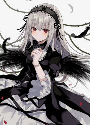 Rule 34 | 1girl, arm up, black dress, black headwear, blush, bonnet, breasts, chiemo (xcem), clenched hand, doll joints, dot nose, dress, frilled sleeves, frills, gothic lolita, hair between eyes, hairband, highres, joints, lolita fashion, lolita hairband, long hair, long sleeves, looking at viewer, medium breasts, red eyes, rozen maiden, silver hair, simple background, smile, solo, suigintou, white background, wings