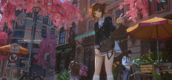 Rule 34 | 1girl, bag, bicycle, blush, brown hair, building, buttons, cardcaptor sakura, chair, cherry blossoms, city, clock, closed mouth, collar, commentary request, day, flower, green eyes, highres, hydrangea, ibara dance, kinomoto sakura, lamppost, long sleeves, looking at viewer, necktie, outdoors, patio, patio umbrella, road, road sign, scenery, school uniform, short hair, sidelocks, sign, skirt, sleeve cuffs, smile, socks, street, table, traffic cone, traffic light, tree, union jack, v, white legwear
