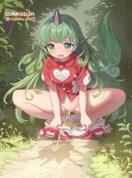 1girl breasts censored cloneko_(zelmeledf2) clothes_pull cloud_print commentary_request commission curly_hair fang full_body green_eyes green_hair groin highres horns komano_aunn medium_breasts mosaic_censoring open_mouth outdoors pants pants_pull pee pee_stain peeing pussy red_shirt sandals shirt short_sleeves shorts signature single_horn skeb_commission skin_fang solo spread_legs squatting tearing_up touhou variant_set white_shorts