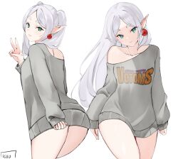 Rule 34 | 1girl, arms at sides, artist name, closed mouth, commentary, earrings, elf, english commentary, frieren, green eyes, grey sweater, gundam, hair down, hand up, haro, head tilt, highres, icoo, jewelry, light smile, long hair, long sleeves, looking at viewer, multiple views, no pants, off shoulder, parted bangs, pointy ears, sidelocks, simple background, single bare shoulder, sleeves past wrists, soukou kihei votoms, sousou no frieren, sweater, thighs, twintails, v, white background, white hair