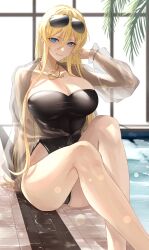Rule 34 | 1girl, azur lane, bare legs, bare shoulders, bismarck (azur lane), bismarck zwei (azur lane), bismarck zwei (crystal-clear holiday) (azur lane), black one-piece swimsuit, blonde hair, blue eyes, breasts, casual one-piece swimsuit, closed mouth, commentary, crossed ankles, diffraction spikes, eyewear on head, feet out of frame, gold necklace, hair between eyes, hand to head, highleg, highleg swimsuit, highres, jewelry, knees up, large breasts, legs, lens flare, long hair, looking at viewer, necklace, necomilk, official alternate costume, one-piece swimsuit, pool, poolside, see-through, see-through sleeves, simple background, sitting, smile, solo, strapless, strapless one-piece swimsuit, sunglasses, swimsuit, swimsuit cover-up, thighs, tile floor, tiles, very long hair