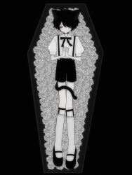 Rule 34 | 1boy, animal ears, black background, black footwear, black hair, black ribbon, black shorts, cat tail, closed mouth, coffin, collared shirt, flower, full body, fusigi nano, highres, implied death, male focus, monochrome, original, own hands together, puffy short sleeves, puffy sleeves, ribbon, shirt, short hair, short sleeves, shorts, simple background, socks, solo, suspender shorts, suspenders, tail, white flower, white shirt, white socks