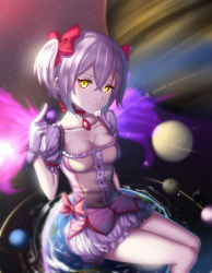 Rule 34 | 10s, 1girl, bow, breasts, choker, collarbone, earth (planet), giant, giantess, gradient background, hair between eyes, hair bow, highres, hk (hk), huge giantess, kaname madoka, looking at viewer, magical girl, mahou shoujo madoka magica, mahou shoujo madoka magica (anime), moon, pink hair, planet, short hair, short twintails, sitting, skirt, small breasts, solo, space, twintails, yellow eyes