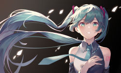 Rule 34 | 1girl, absurdres, aqua hair, arl, bare shoulders, blush, commentary request, dark background, detached sleeves, green necktie, hair between eyes, hair ornament, hatsune miku, highres, long hair, looking at viewer, necktie, parted lips, simple background, solo, twintails, very long hair, vocaloid