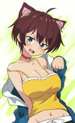 Rule 34 | 1girl, :3, :d, ahoge, animal ear fluff, bell, blue eyes, blue jacket, blush, breasts, brown hair, camisole, choker, chupirinko, cleavage, commentary, head tilt, highres, jacket, kemonomimi mode, large breasts, long sleeves, looking at viewer, midriff, navel, neck bell, new game!, off shoulder, open mouth, paw pose, red choker, shinoda hajime, shirt, short hair, smile, solo, strap slip, upper body, yellow shirt