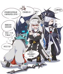 Rule 34 | 3girls, absurdres, arknights, black dress, black footwear, blue headwear, boots, closed eyes, commentary request, crossed arms, dress, eobss, gladiia (arknights), grey hair, highres, kneeling, long hair, long sleeves, multiple girls, open mouth, red dress, red eyes, skadi&#039;s seaborn (arknights), skadi (arknights), skadi the corrupting heart (arknights), specter (arknights), specter the unchained (arknights), speech bubble, translation request, very long hair, white background