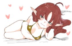 Rule 34 | 1girl, ahoge, arknights, bikini, blue eyes, blush, breasts, closed mouth, gold bikini, haioku colonel, heart, long hair, looking at viewer, lying, mole, mole under mouth, myrtle (arknights), on side, pillow, pointy ears, red hair, simple background, small breasts, solo, swimsuit, white background