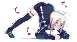 Rule 34 | 1girl, ahoge, artoria pendragon (fate), ashino moto, ass, blonde hair, fate/grand order, fate (series), glasses, highres, jack-o&#039; challenge, jacket, mysterious heroine x alter (fate), mysterious heroine x alter (second ascension) (fate), shorts, thighhighs, top-down bottom-up, track jacket, trembling, yellow eyes