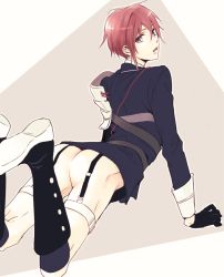 Rule 34 | 10s, 1boy, arm support, ass, boots, bottomless, enjin y, garter straps, gloves, half gloves, kneehighs, legs up, looking at viewer, looking back, male focus, military, military uniform, open mouth, purple eyes, red hair, shinano toushirou, socks, solo, touken ranbu, uniform