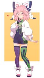 Rule 34 | 1boy, astolfo (fate), asymmetrical legwear, bracelet, coat, collared shirt, cosplay, creatures (company), dynamax band, fate/apocrypha, fate/grand order, fate (series), finger to mouth, fur jacket, game freak, gloves, hair intakes, highres, jacket, jewelry, klara (pokemon), klara (pokemon) (cosplay), looking at viewer, male focus, mismatched legwear, multicolored hair, nintendo, partially fingerless gloves, pink hair, pokemon, pokemon swsh, purple eyes, purple shorts, quick shirt, qzo (akai kitsune), ring, shirt, shoes, short hair, shorts, shushing, single glove, smile, solo, streaked hair, t-shirt, thighhighs, trap, white coat, white hair, white jacket, winter clothes, winter coat