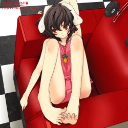Rule 34 | 1girl, animal ears, arm behind head, armpits, bad anatomy, bad feet, bad id, bad pixiv id, barefoot, brown hair, camisole, chair, checkered floor, couch, expressionless, feet, female focus, highres, inaba tewi, ko-&gt;u, legs, looking away, panties, poorly drawn, rabbit ears, red eyes, red upholstery, solo, toes, touhou, underwear