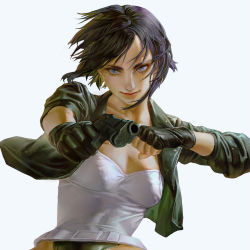 Rule 34 | 1girl, black hair, breasts, cleavage, clenched hand, feiren shaonu, fingerless gloves, ghost in the shell, gloves, green jacket, gun, highres, holding, holding gun, holding weapon, jacket, kusanagi motoko, medium breasts, shirt, short hair, grey eyes, solo, weapon, white background, white shirt