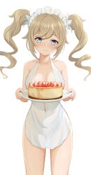 Rule 34 | 1girl, absurdres, apron, bad id, bad pixiv id, barbara (genshin impact), bare arms, bare shoulders, blonde hair, blue eyes, breasts, cake, cleavage, commentary, cowboy shot, drill hair, food, frilled hairband, frills, fruit, genshin impact, gmg (jiang35562897), hairband, head tilt, highres, holding, holding plate, large breasts, long hair, looking at viewer, naked apron, plate, sidelocks, simple background, solo, standing, strawberry, thighs, twin drills, twintails, white apron, white background