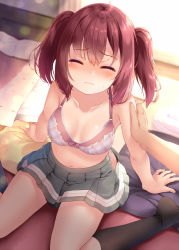 Rule 34 | 1boy, 1girl, arm support, black socks, blush, bra, breasts, closed eyes, closed mouth, collarbone, commentary request, hand on another&#039;s arm, hetero, indoors, kneehighs, komone ushio, kurosawa ruby, looking at viewer, looking up, love live!, love live! sunshine!!, male hand, medium breasts, navel, no shirt, no shoes, nose blush, panties, pillow, plaid, plaid bra, pleated skirt, red hair, sitting, sitting on pillow, skirt, socks, sweat, tearing up, two side up, underwear, wariza