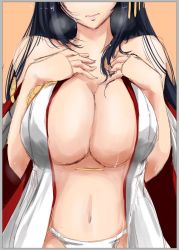 Rule 34 | 10s, 1girl, akatsuki akane, bare shoulders, breasts, close-up, detached sleeves, fundoshi, fusou (kancolle), hair ornament, hands on own chest, head out of frame, kantai collection, large breasts, lips, long hair, navel, nontraditional miko, sketch, solo