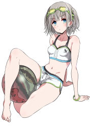Rule 34 | 1girl, arm support, ball, bare arms, bare legs, bare shoulders, barefoot, beachball, bikini, blue eyes, breasts, collarbone, commentary request, full body, goggles, goggles on head, grey hair, highres, idolmaster, idolmaster shiny colors, looking at viewer, navel, pizzasi, serizawa asahi, short shorts, shorts, simple background, small breasts, solo, swimsuit, transparent, two side up, white background, white bikini, white shorts