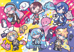Rule 34 | 2boys, 4girls, ;o, arm up, asymmetrical sleeves, bare arms, bare shoulders, belt, bird, black footwear, black leg warmers, black pants, black sailor collar, black shorts, black skirt, black sleeves, blonde hair, blue eyes, blue hair, blue necktie, blue scarf, blush stickers, boots, bow, brown dress, brown eyes, brown footwear, brown hair, brown hairband, brown sleeves, cat, closed mouth, coat, collared jacket, collared shirt, commentary request, cropped jacket, cross-laced footwear, detached sleeves, dog, dress, elephant, eyelashes, full body, giraffe, grey shirt, grin, hair bow, hair ornament, hairband, hairclip, hand on own hip, hand on own knee, hand up, hands on own hips, hatsune miku, headpiece, hedgehog, high collar, jacket, kagamine len, kagamine rin, kaito (vocaloid), lace-trimmed collar, lace trim, long dress, long hair, long sleeves, looking at viewer, megurine luka, meiko (vocaloid), midriff, mismatched sleeves, multicolored background, multiple boys, multiple girls, musical note, navel, neckerchief, necktie, number tattoo, one eye closed, open mouth, outstretched arm, pants, parted lips, pink eyes, pink hair, pleated skirt, pocket, red jacket, red skirt, sailor collar, sailor shirt, scarf, shark, shirt, shoes, short hair, short ponytail, short sleeves, shorts, shoulder tattoo, side slit, skirt, skirt set, sleeveless, sleeveless jacket, sleeveless shirt, smile, sparkle, squirrel, tattoo, terada tera, toucan, twintails, v-shaped eyebrows, very long hair, videocassette, vocaloid, waving, whale, white belt, white bow, white coat, white footwear, white headphones, white shirt, white sleeves, yellow belt, yellow neckerchief, yellow necktie, zipper pull tab