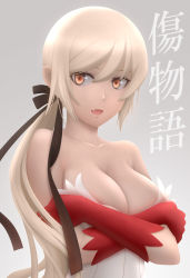 Rule 34 | 1girl, :d, bare shoulders, black ribbon, blonde hair, blush, breasts, collarbone, copyright name, covering privates, covering breasts, crossed arms, dress, fang, gloves, grey background, hair between eyes, hair ribbon, highres, kiss-shot acerola-orion heart-under-blade, kizumonogatari, large breasts, long hair, looking at viewer, low ponytail, monogatari (series), open mouth, orange eyes, oshino shinobu, red gloves, ribbon, siraha, smile, solo, strapless, strapless dress, tsurime, upper body, very long hair, white dress