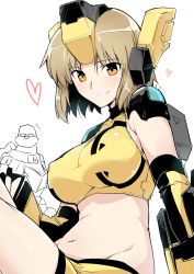 Rule 34 | 1girl, absurdres, bare shoulders, blonde hair, blush, breasts, closed mouth, commentary request, cosmic break, detached sleeves, halcon, headgear, highres, large breasts, looking at viewer, navel, orange eyes, rei (cosmic break), robot ears, short hair, short shorts, shorts, simple background, sitting, smile, solo, white background