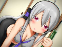 Rule 34 | 1girl, all fours, bare shoulders, blush, bow, breasts, cleavage, downblouse, dutch angle, eyes visible through hair, hair bow, headphones, kazu-chan, large breasts, long hair, looking at viewer, necktie, open mouth, ponytail, red eyes, silver hair, solo, triangle mouth, yowane haku