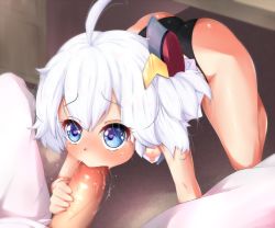 Rule 34 | 1boy, 1girl, ahoge, all fours, arm support, ass, azur lane, bare legs, blue eyes, blush, breasts, censored, dutch angle, ether core, fellatio, heart, heart-shaped pupils, hetero, highres, mosaic censoring, nipples, oral, penis, penis grab, small breasts, solo focus, symbol-shaped pupils, under table, universal bulin (azur lane), white hair