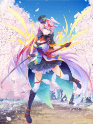 Rule 34 | 1girl, breasts, chain paradox, cherry blossoms, cleavage, day, dennryuurai, glasses, gradient hair, hat, highres, holding, holding sword, holding weapon, long hair, looking at viewer, medium breasts, multicolored hair, one side up, outdoors, over-rim eyewear, pink hair, purple hair, red hair, semi-rimless eyewear, solo, streaked hair, sword, thighhighs, very long hair, weapon, wings