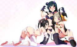 Rule 34 | 10s, 3girls, ;p, angel wings, armband, armpits, arms up, ass, bare shoulders, bat wings, bikini, black bikini, black hair, black legwear, blue hair, blunt bangs, blush, boots, bow, bow bra, bra, breasts, bunji, cape, cleavage, crossover, dark blue hair, demon horns, demon tail, detached collar, elbow gloves, fang, flat chest, frill trim, frills, garter belt, garter straps, gloves, grabbing, grabbing another&#039;s breast, grey hair, hair bow, hair bun, halftone, halftone background, halloween, hat, highres, horns, in-franchise crossover, jack-o&#039;-lantern, kneeling, long hair, looking at viewer, looking back, love live!, love live! nijigasaki high school idol club, love live! school idol project, love live! sunshine!!, medium hair, micro bikini, multiple girls, nakasu kasumi, navel, one eye closed, open mouth, panties, pink bow, purple bra, purple gloves, purple legwear, purple neckwear, red eyes, see-through, side-tie bikini bottom, side-tie panties, side bun, simple background, single side bun, small breasts, smile, swimsuit, tail, thighhighs, tongue, tongue out, tsushima yoshiko, twintails, underwear, white bra, white footwear, white gloves, white legwear, wings, witch hat, yazawa nico, yellow neckwear