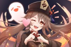 Rule 34 | 1girl, ;d, absurdres, artist name, black headwear, brown eyes, brown hair, flower-shaped pupils, genshin impact, ghost, hat, heart, heart hands, highres, hu tao (genshin impact), jewelry, long hair, long sleeves, looking at viewer, notice lines, one eye closed, open mouth, ring, round teeth, smile, symbol-shaped pupils, teeth, toxic (toxicv), upper body, upper teeth only