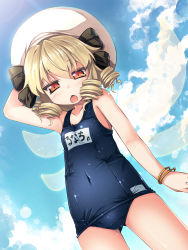 Rule 34 | 1girl, black ribbon, blonde hair, blue sky, blush, bracelet, chestnut mouth, chima q, cloud, cloudy sky, covered navel, day, drill hair, fairy wings, hat, hat ribbon, highres, jewelry, long hair, luna child, name tag, old school swimsuit, one-piece swimsuit, outdoors, red eyes, ribbon, school swimsuit, sky, solo, standing, swimsuit, touhou, white hat, wings