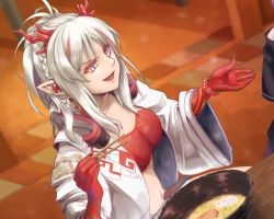 Rule 34 | 2girls, :d, arknights, bandeau, bead bracelet, beads, bowl, bracelet, braid, breasts, chopsticks, commentary, dutch angle, food, holding, holding chopsticks, horns, indoors, jacket, jewelry, lava (arknights), long hair, medium breasts, midriff, mocosuka, multicolored hair, multiple girls, nian (arknights), noodles, open clothes, open jacket, open mouth, pointy ears, purple eyes, ramen, red hair, silver hair, smile, solo focus, stomach, strapless, streaked hair, tube top, upper body, white jacket