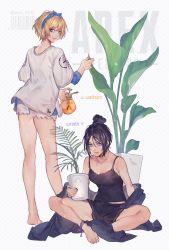 Rule 34 | 2girls, akka 0510, animification, anklet, apex legends, artist name, black hair, blonde hair, blue eyes, commentary, commentary request, hairband, highres, jacket, jewelry, looking at viewer, multiple girls, nail polish, plant, potted plant, purple eyes, shorts, smile, tank top, twitter username, wattson (apex legends), wraith (apex legends)