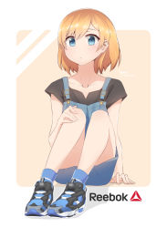 Rule 34 | 10s, 1girl, bad id, bad pixiv id, blue eyes, hymn, hymn lee, light brown hair, looking at viewer, miyamori aoi, overalls, product placement, reebok, shirobako, shoes, short hair, sitting, solo