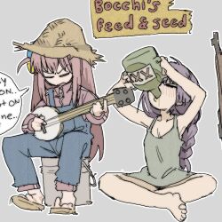 Rule 34 | 2girls, alcohol, banjo, barefoot, blue overalls, bocchi the rock!, cube hair ornament, dress, drinking, gotoh hitori, green dress, gun, hair ornament, hat, hiroi kikuri, instrument, jacket, meme, multiple girls, music, one side up, overalls, pants, pantsu-ripper, pink hair, pink pants, pink track suit, playing instrument, purple hair, rifle, sandals, sneed&#039;s feed and seed (meme), speech bubble, straw hat, track jacket, weapon