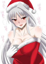 Rule 34 | 1girl, ahoge, asymmetrical gloves, bare shoulders, blush, breasts, christmas, cleavage, collarbone, commentary request, dress, elbow gloves, gloves, hat, heart, heart-shaped pupils, large breasts, lyrical nanoha, mahou shoujo lyrical nanoha, mahou shoujo lyrical nanoha a&#039;s, off-shoulder dress, off shoulder, red eyes, red gloves, red hat, reinforce, santa hat, silver hair, solo, symbol-shaped pupils, translation request, uneven gloves, white background, white gloves, zerosu (take out)